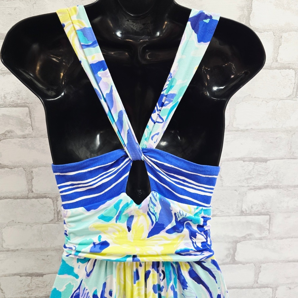 Lilly Pulitzer XS Blue White Striped Floral Tropical V-Neck Cross Back Dress - Picture 8 of 11